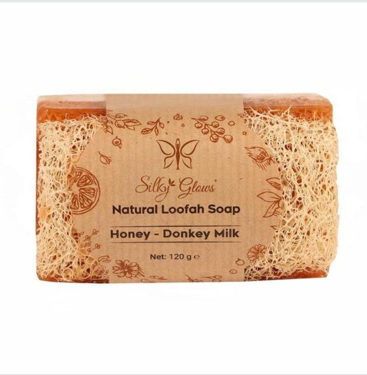 HoneyMilkLoof™ Donkey Milk & Honey Soap with Natural Loofah – Nourish, Smooth & Exfoliate | Handmade & Cold Processed – Silky Glows