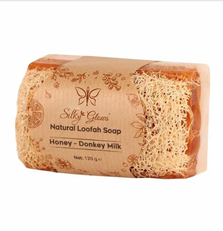 HoneyMilkLoof™ Donkey Milk & Honey Soap with Natural Loofah – Nourish, Smooth & Exfoliate | Handmade & Cold Processed – Silky Glows
